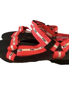 PINK Logo Strap Sandals in Coral Pink and Black size 7